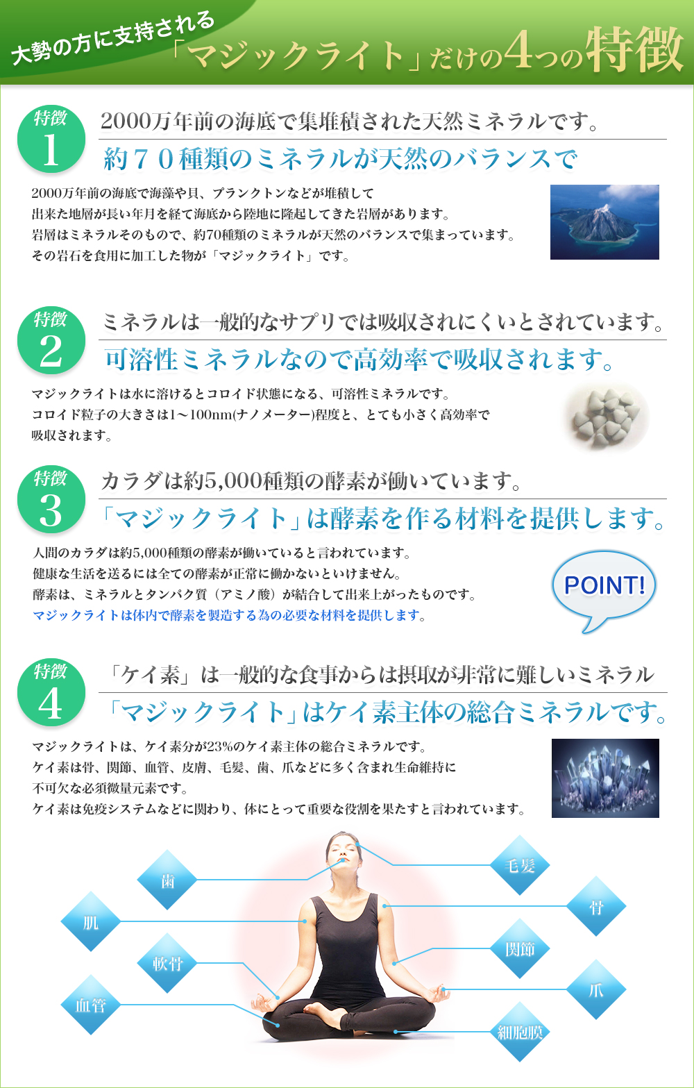 大勢の方に支持される「マジックライト」だけの4つの特徴|特徴1、2000万年前の海底で集堆積された天然ミネラルです。|約７０種類のミネラルが天然のバランスで|2000万年前の海底で海藻や貝、プランクトンなどが堆積して出来た地層が長い年月を経て海底から陸地に隆起してきた岩層があります。岩層はミネラルそのもので、約70種類のミネラルが天然のバランスで集まっています。その岩石を食用に加工した物が「マジックライト」です。|特徴2、ミネラルは一般的なサプリでは吸収されにくいとされています。|可溶性ミネラルなので高効率で吸収されます。|マジックライトは水に溶けるとコロイド状態になる、可溶性ミネラルです。コロイド粒子の大きさは1～100nm(ナノメーター)程度と、とても小さく高効率で吸収されます。|特徴3、カラダは約5,000種類の酵素が働いています。|「マジックライト」は酵素を作る材料を提供します。|人間のカラダは約5,000種類の酵素が働いていると言われています。健康な生活を送るには全ての酵素が正常に働かないといけません。酵素は、ミネラルとタンパク質（アミノ酸）が結合して出来上がったものです。マジックライトは体内で酵素を製造する為の必要な材料を提供します。|特徴4、「ケイ素」は一般的な食事からは摂取が非常に難しいミネラル|「マジックライト」はケイ素主体の総合ミネラルです。|マジックライトは、ケイ素分が23%のケイ素主体の総合ミネラルです。ケイ素は骨、関節、血管、皮膚、毛髪、歯、爪などに多く含まれ生命維持に不可欠な必須微量元素です。ケイ素は免疫システムなどに関わり、体にとって重要な役割を果たすと言われています。