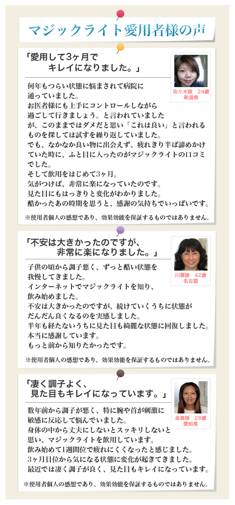 マジックライト愛用者様の声|「愛用して3ヶ月でキレイになりました。」|何年もつらい状態に悩まされて病院に通っていました。お医者様にも上手にコントロールしながら過ごして行きましょう。と言われていましたが、このままではダメだと思い「これは良い」と言われるものを探しては試すを繰り返していました。でも、なかなか良い物に出会えず、疲れきり半ば諦めかけていた時に、ふと目に入ったのがマジックライトの口コミでした。そして飲用をはじめて3ヶ月。気がつけば、非常に楽になっていたのです。見た目にもはっきりと変化がわかりました。酷かったあの時期を思うと、感謝の気持ちでいっぱいです。佐々木様24歳新潟県|「不安は大きかったのですが、非常に楽になりました。」|子供の頃から調子悪く、ずっと酷い状態を我慢してきました。インターネットでマジックライトを知り、飲み始めました。不安は大きかったのですが、続けていくうちに状態がだんだん良くなるのを実感しました。半年も経たないうちに見た目も綺麗な状態に回復しました。本当に感謝しています。もっと前から知りたかったです。川瀬様42歳名古屋|「凄く調子よく、見た目もキレイになっています。」|数年前から調子が悪く、特に腕や首が刺激に敏感に反応して悩んでいました。身体の中から丈夫にしないとスッキリしないと思い、マジックライトを飲用しています。飲み始めて1週間位で疲れにくくなったと感じました。3ヶ月目位から気になる状態に変化が起きてきました。最近では凄く調子が良く、見た目もキレイになっています。金馬様28歳愛知県